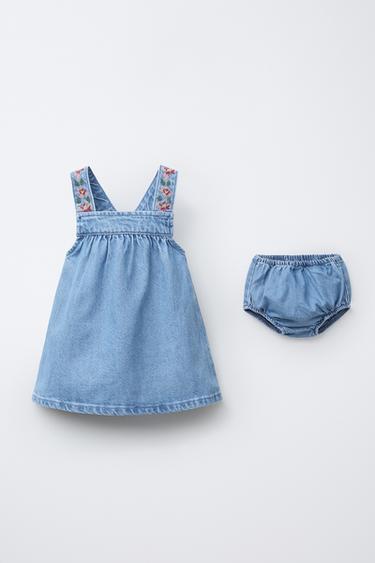 EMBROIDERED DENIM PINAFORE DRESS AND BLOOMERS - Blue by Zara