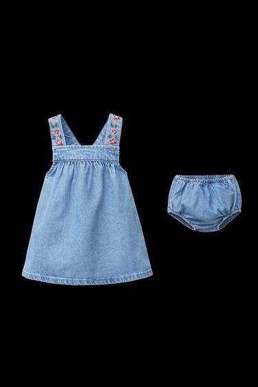 EMBROIDERED DENIM PINAFORE DRESS AND BRIEFS - Blue by Zara