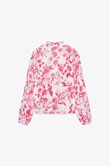 PRINTED BLOUSE WITH RUFFLES - Pink / White by Zara - Image 4