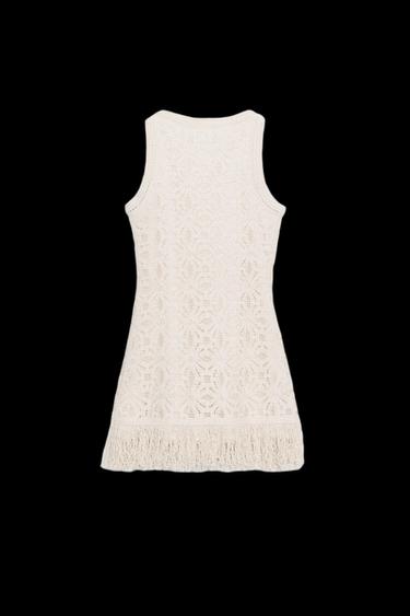 Zara FRINGED CROCHET SHORT DRESS - Light beige