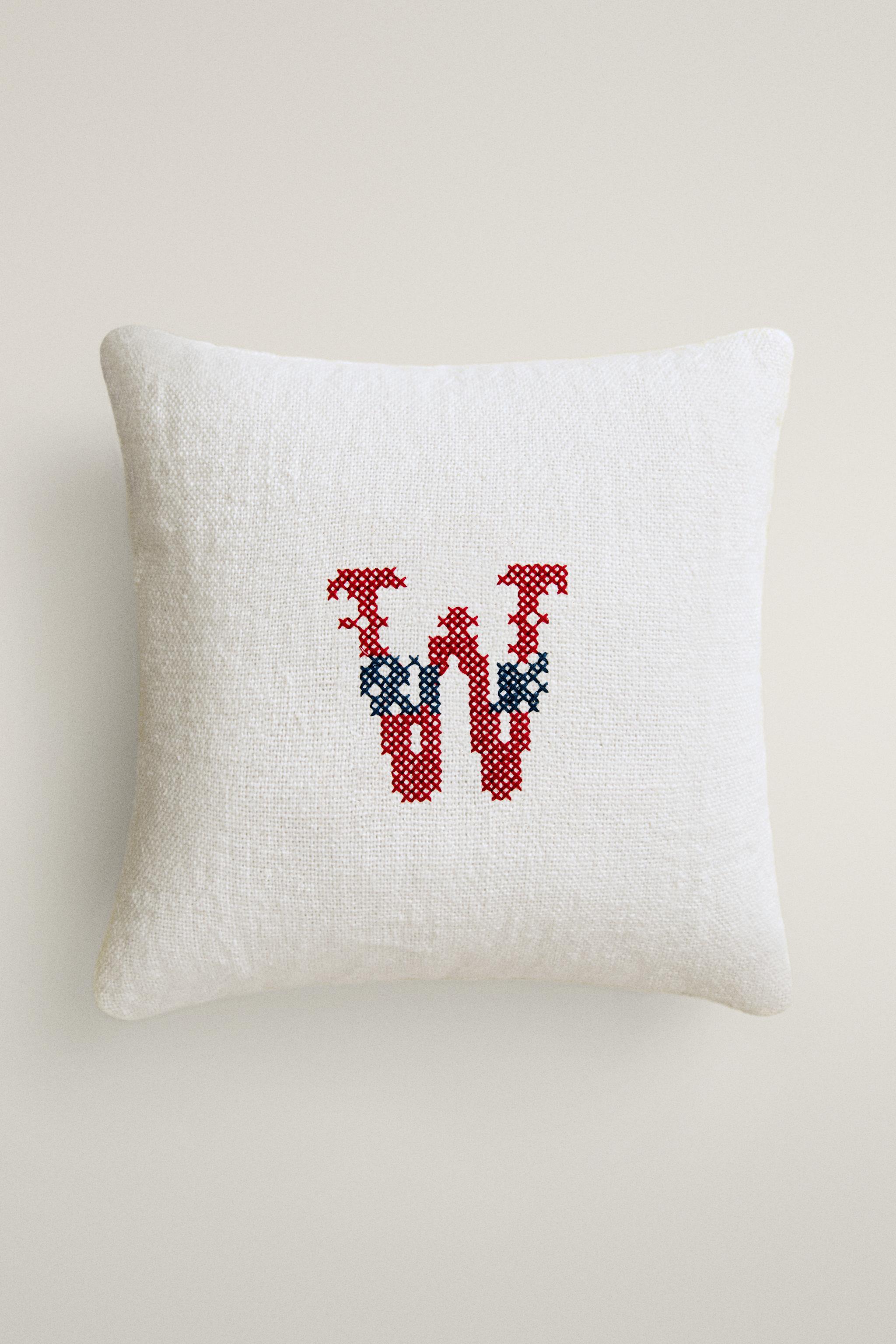 LETTER W EMBROIDERED LINEN CUSHION