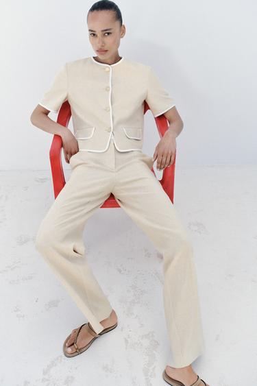 SHORT SLEEVE BLAZER WITH CONTRAST TRIMS - Light beige by Zara - Image 2