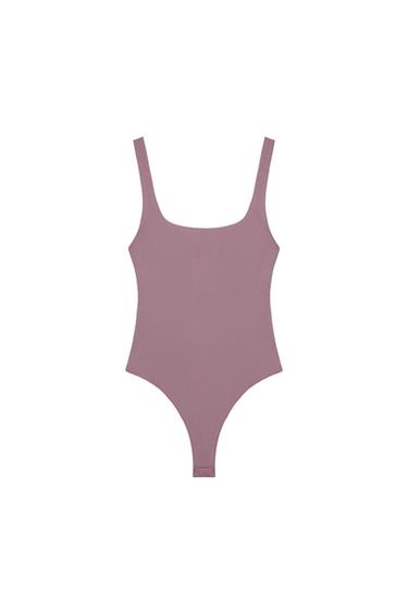STRETCH BODYSUIT WITH SQUARE NECKLINE - Pink / Mauve by Zara
