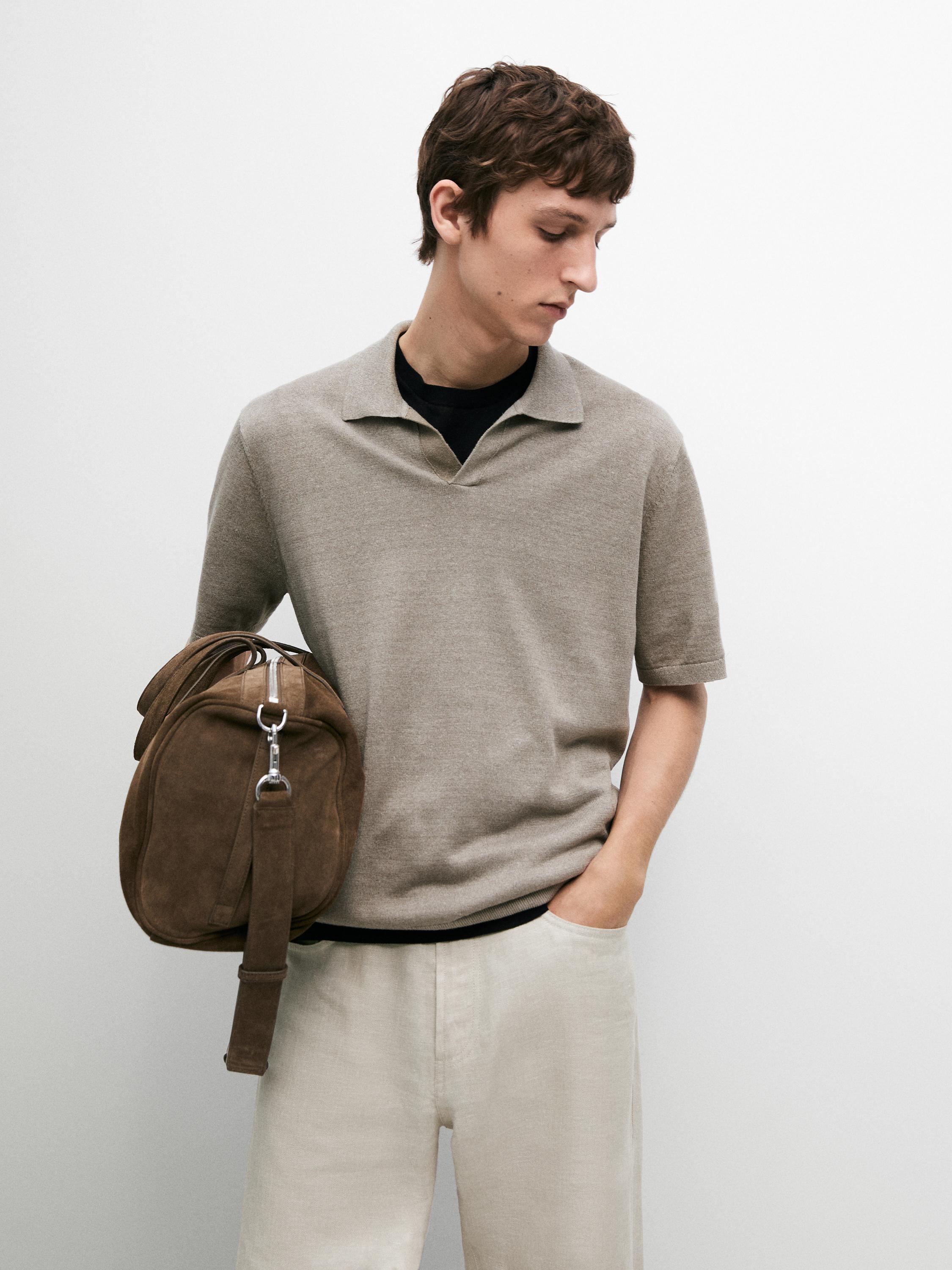 Linen V-neck polo sweater — Gray / Natural