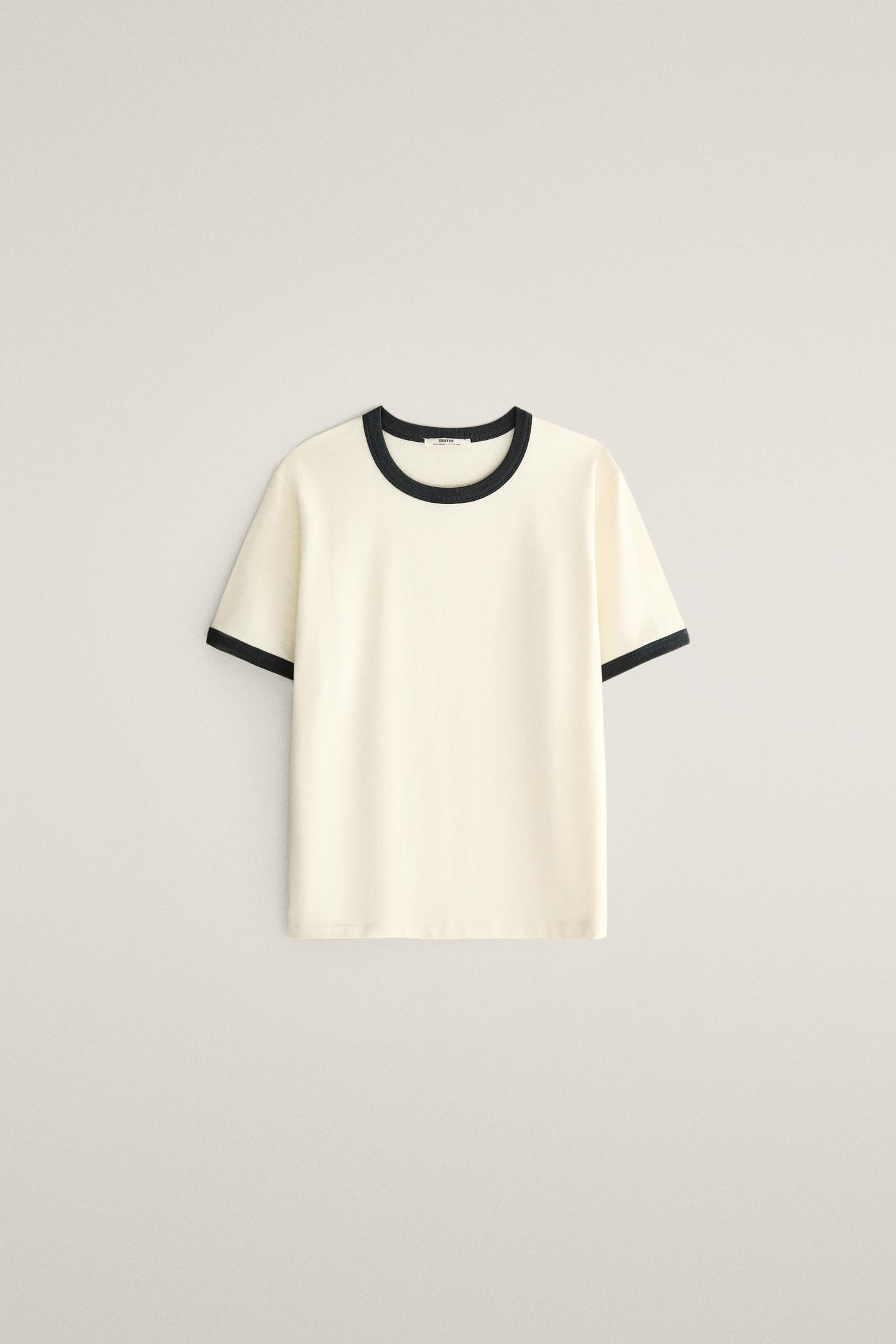 Женская футболка Zara Contrast Trim Short Sleeve, цвет: Экрю / Синий — фото 1