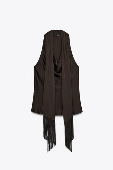 SATIN TOP WITH FRINGING - Brown by Zara - Image 5