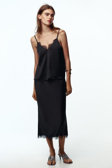 JUPE MI-LONGUE SATINÉE DENTELLE - Noir de Zara