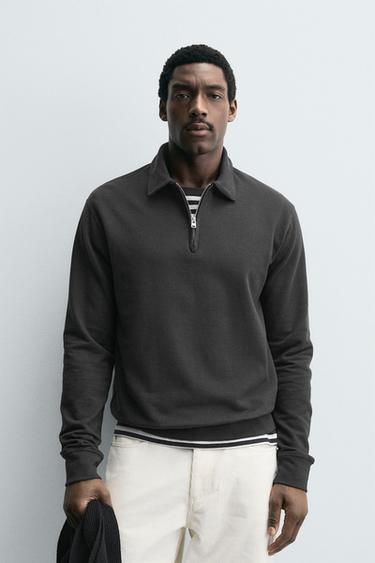 TEXTURED WEAVE POLO SHIRT WITH ZIP - Anthracite grey by Zara