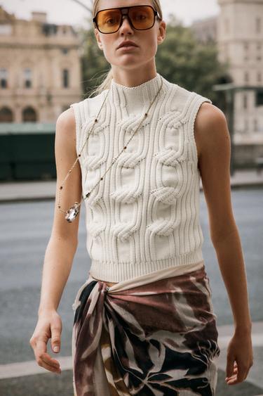 Zara CABLE KNIT VEST TOP - Ecru