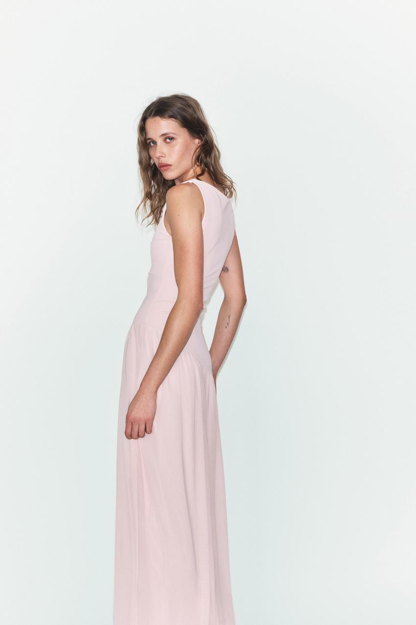 LONG COMBINATION TULLE DRESS - Pale pink