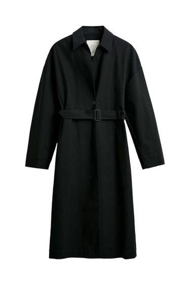 Front view of black coat with belt and button closure.