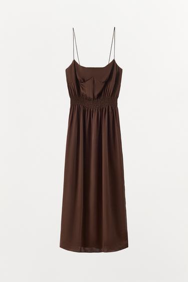 GATHERED SATIN DRESS - Brown by Zara
