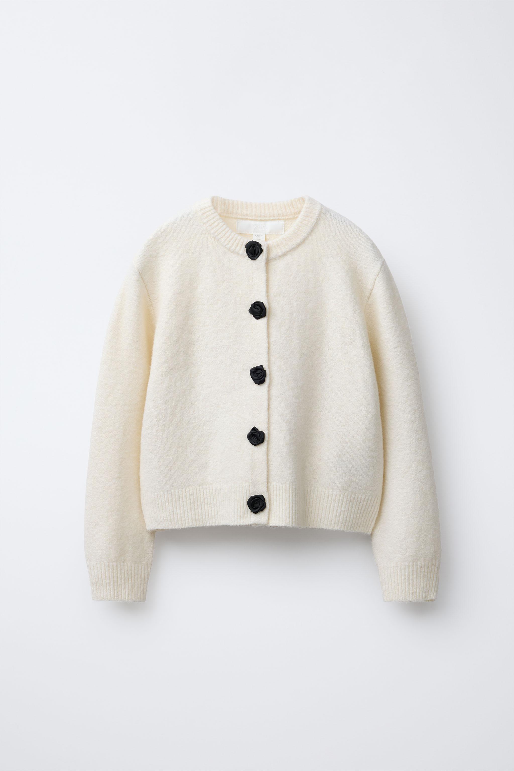 SATIN FLOWER BUTTON KNIT CARDIGAN - Ecru | ZARA United States