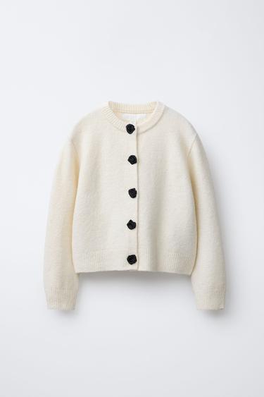 Zara SATIN FLOWER BUTTON CARDIGAN - Ecru - Image 0