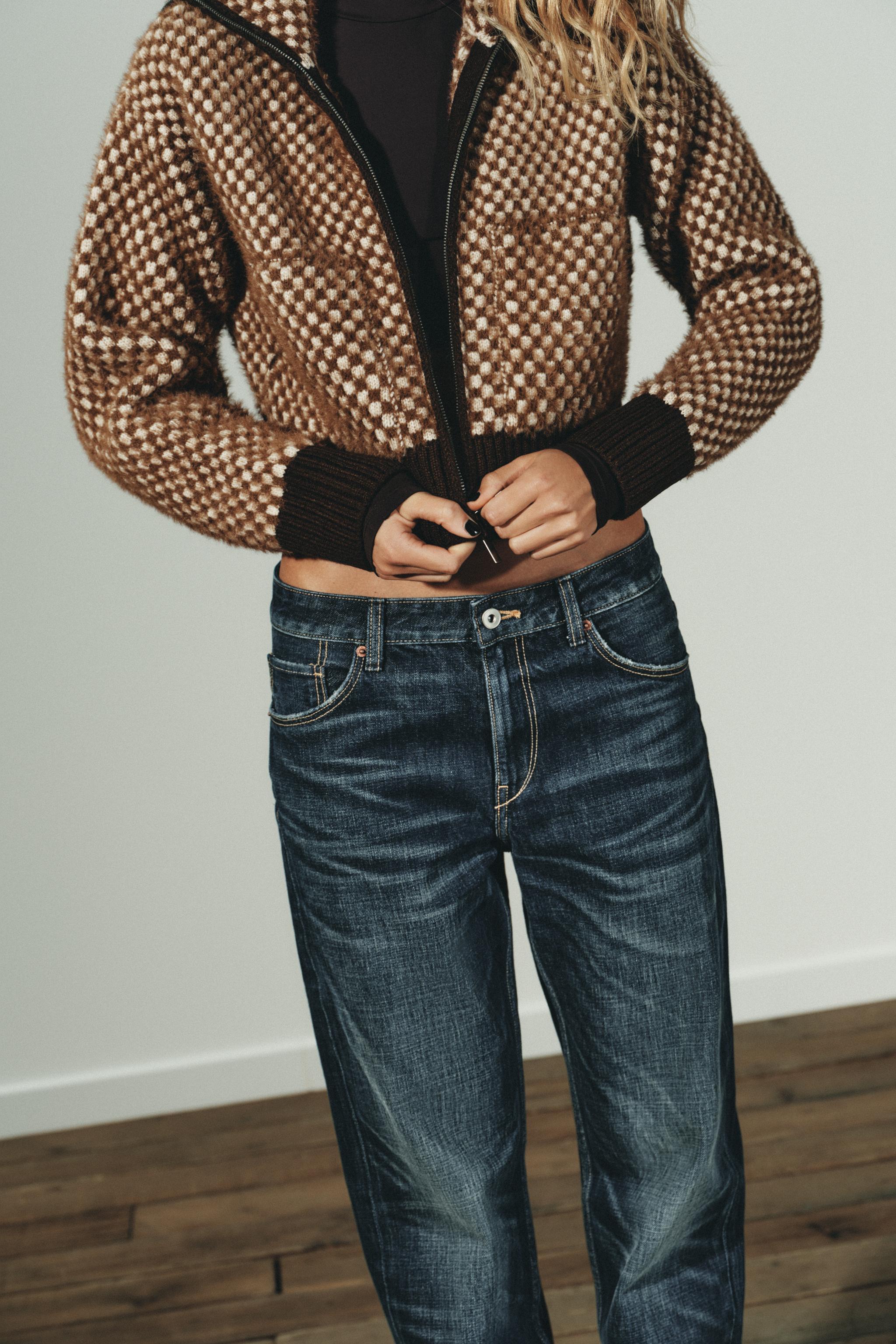 コントラストフェイクファーニットボンバージャケット - ブラウン