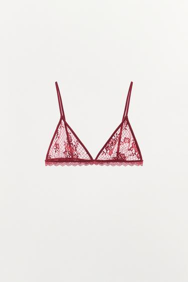LACE TRIANGLE BRA - Burgundy by Zara