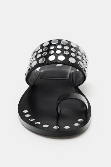 FLAT LEATHER SANDALS WITH STUDS - Black by Zara - Image 3
