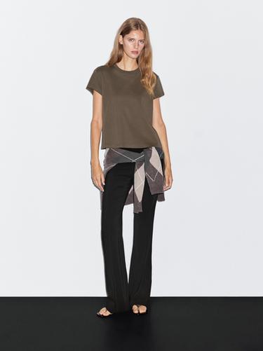 Zara Cropped T-shirt with contrast ribbed trims - Tortoise shell - Image 0