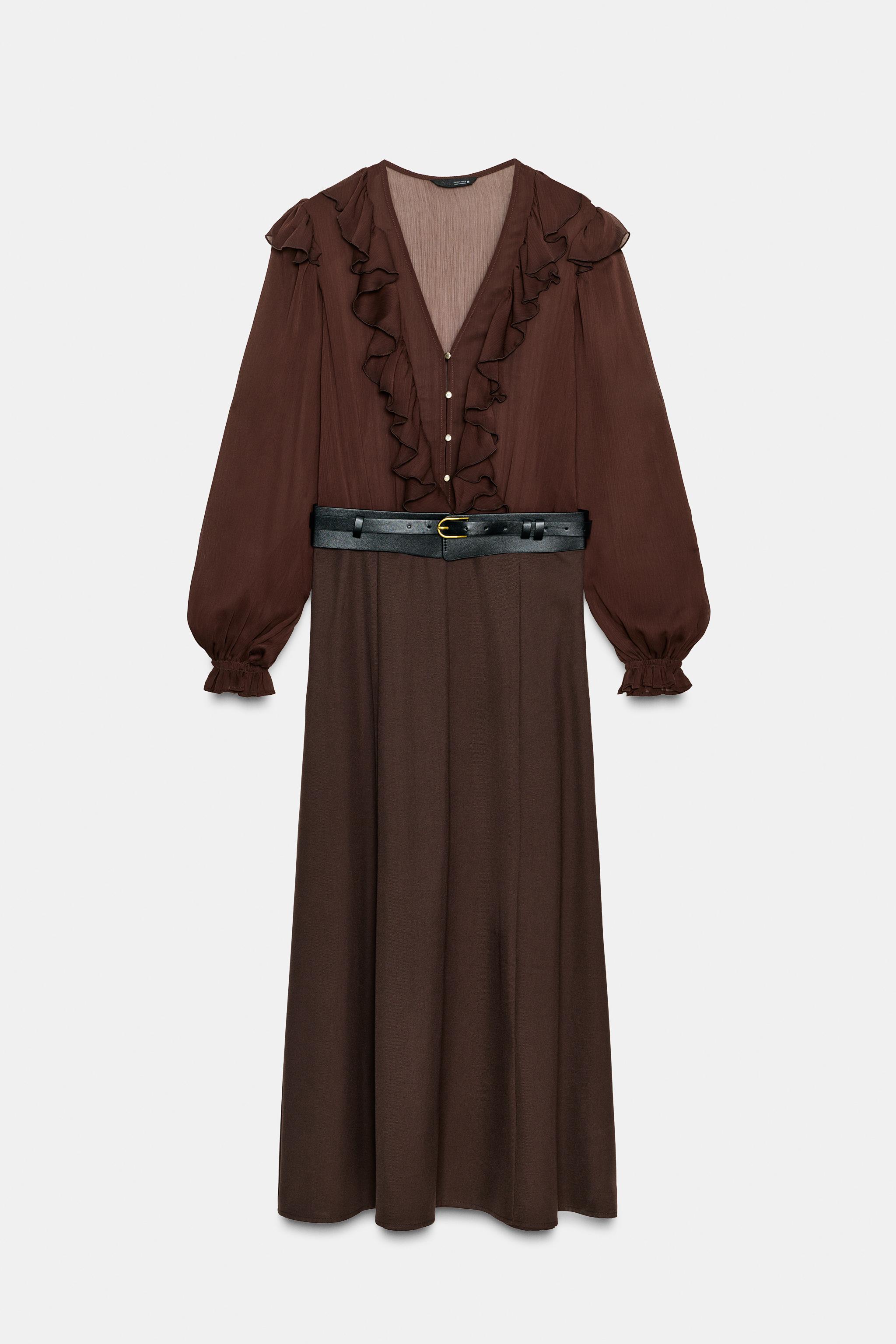 CONTRASTING MIDI DRESS WITH BELT - Brown | ZARA Australia CONTRASTING MIDI DRESS WITH BELT - Brown | ZARA Australia