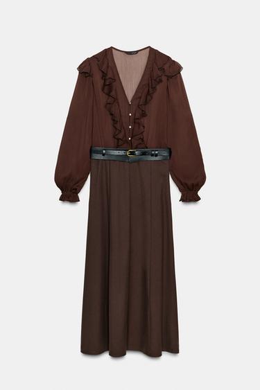 MIDI DRESS WITH CONTRASTING BELT - Brown by Zara