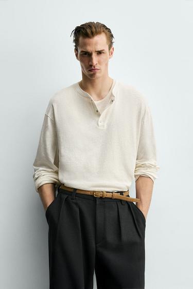 T-SHIRT COL TUNISIEN COTON - LIN - Blanc cassé de Zara