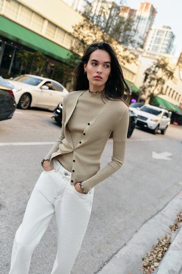 Zara 撞色羅紋針織開襟衫 - 米色
