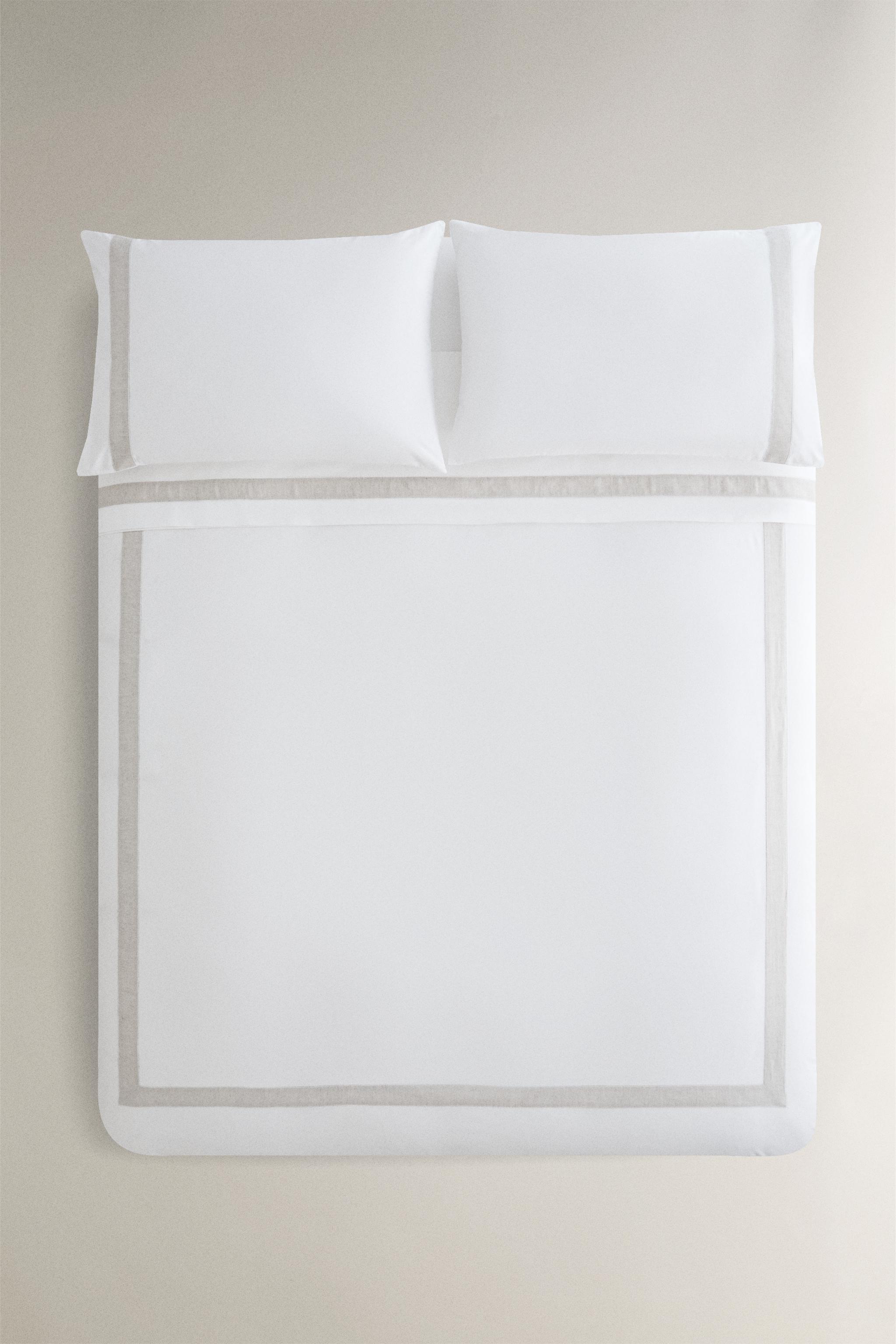 COTTON DUVET COVER WITH LINEN BORDER — White