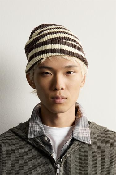 STRIPED JACQUARD KNIT BEANIE — Brown / Ecru 2