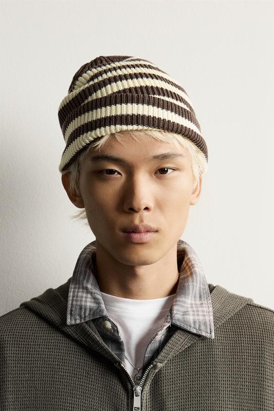 STRIPED JACQUARD KNIT BEANIE - Brown / Ecru by Zara - Image 0