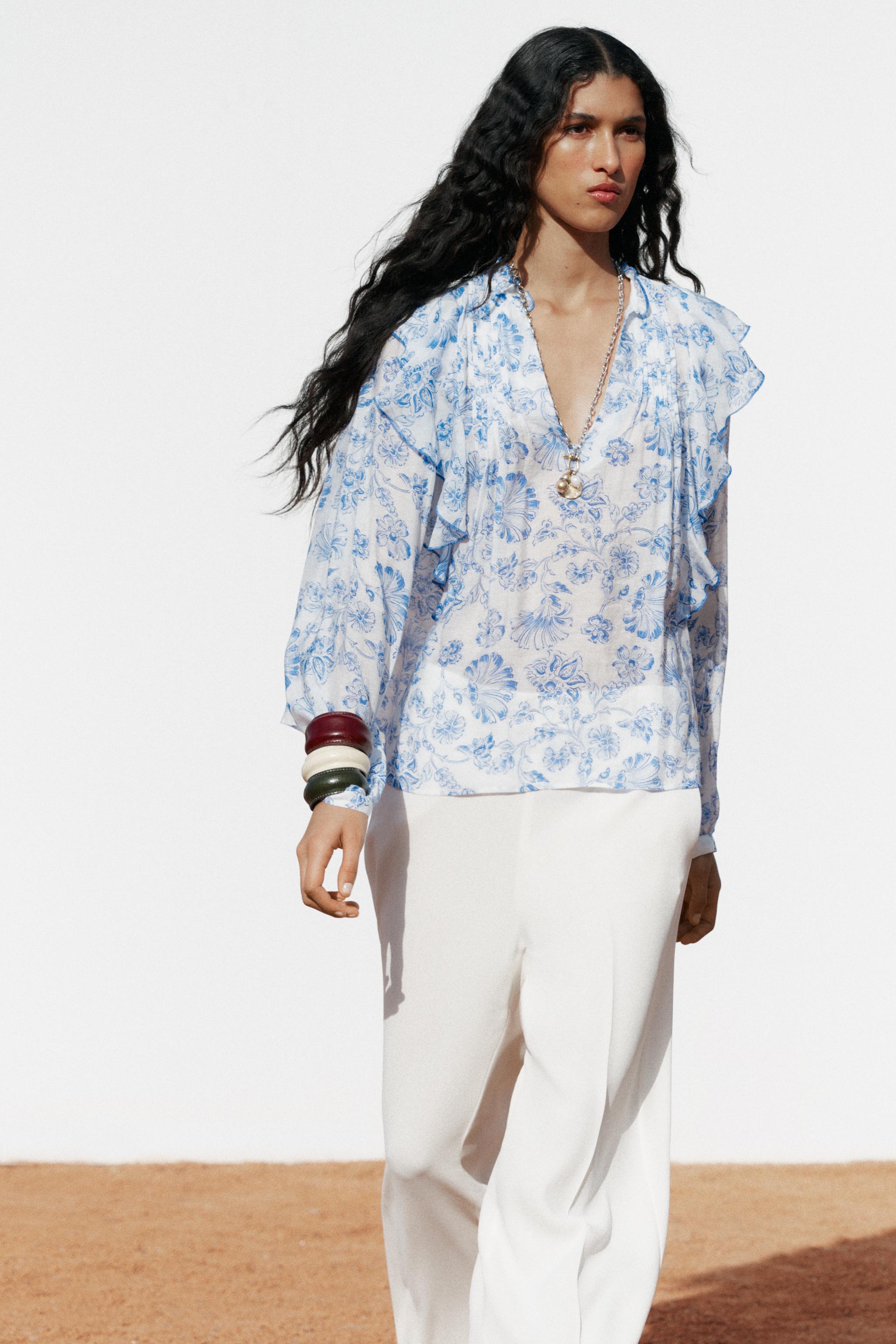 PRINTED RUFFLE PINTUCK BLOUSE