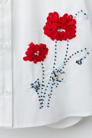 3D BEADED FLORAL SHIRT - White / Red by Zara - Image 3