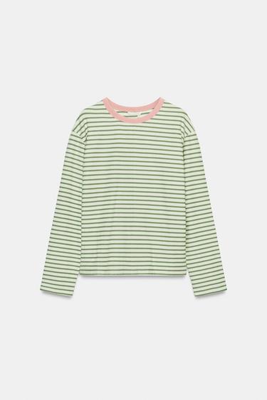 STRIPED LONG SLEEVE T-SHIRT - Green stripe by Zara