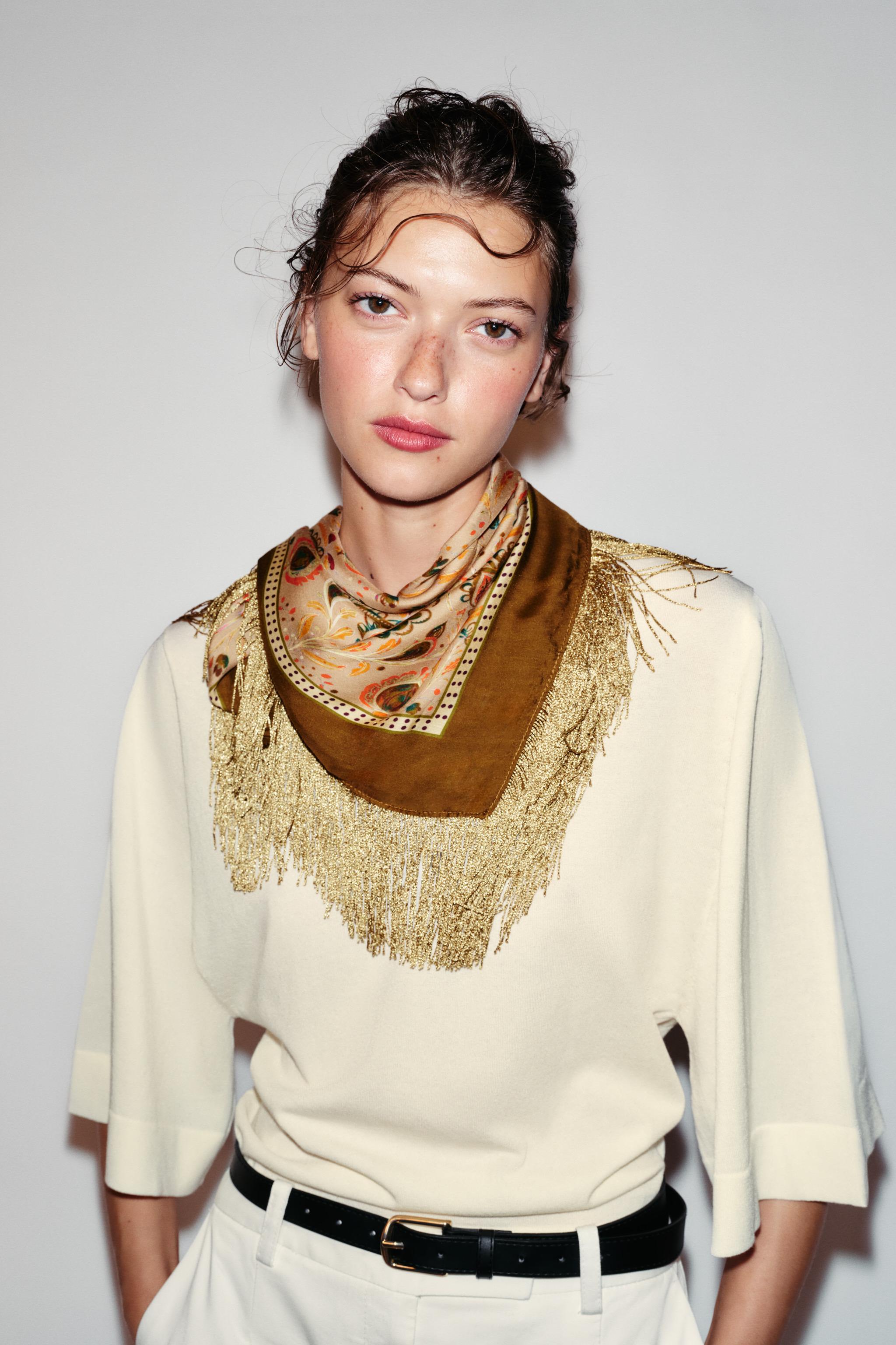 14thaddition rare fringe stole 希少 VISCOSE SILK FRINGED PRINTED SCARF - Ecru | ZARA United States