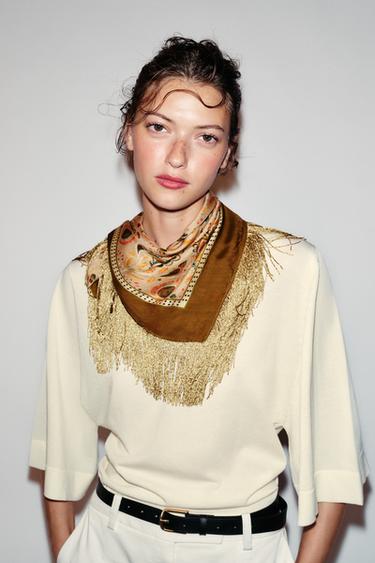 Zara VISCOSE SILK FRINGED PRINTED SCARF - Ecru - Image 0