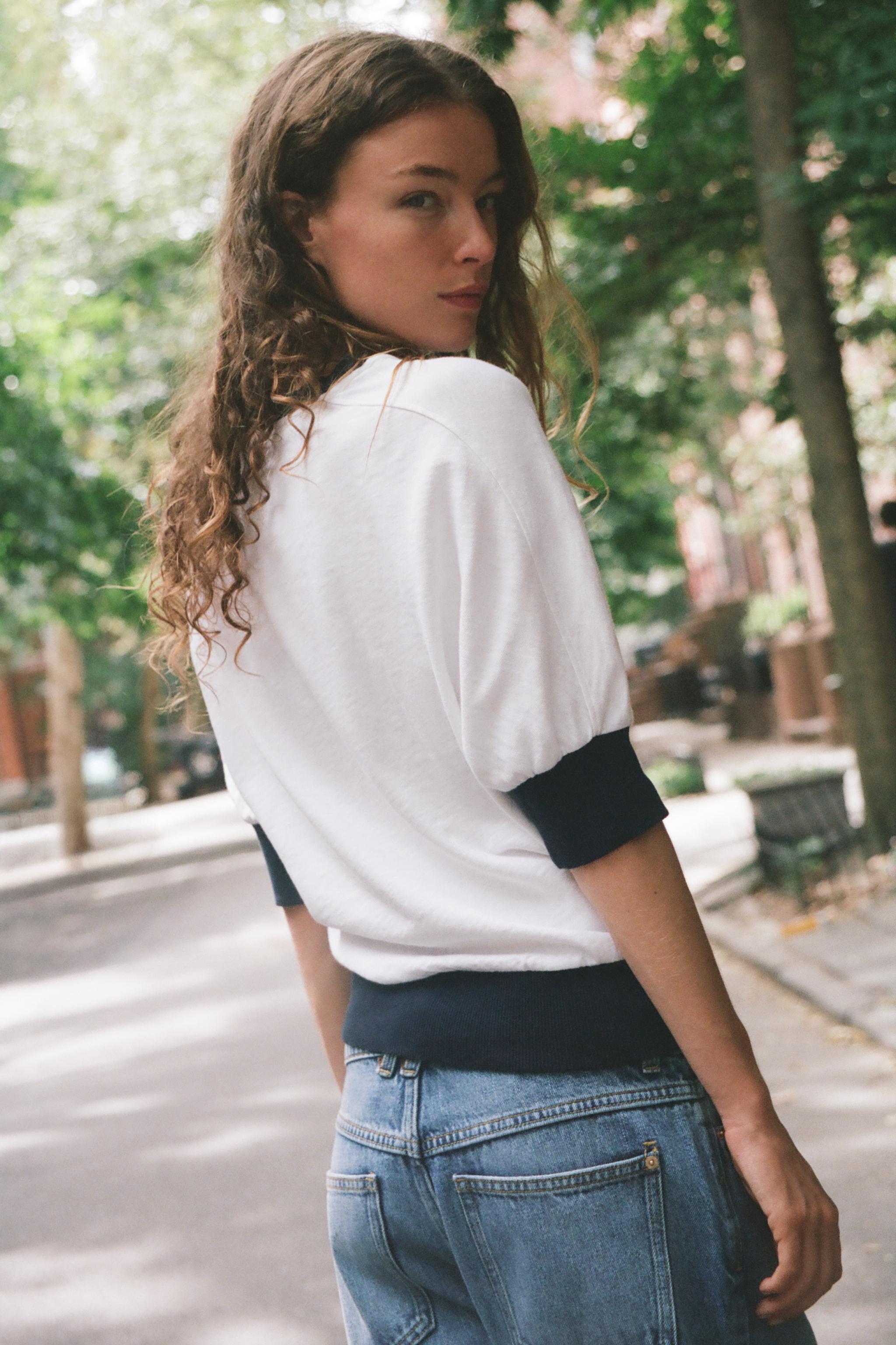 Женские футболки Zara PIPED T-SHIRT — фото 5