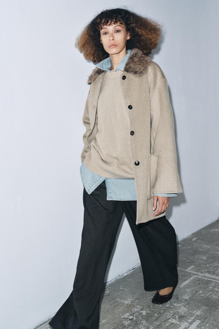 WOOL BLEND COAT WITH FAUX FUR COLLAR ZW COLLECTION taupe brown