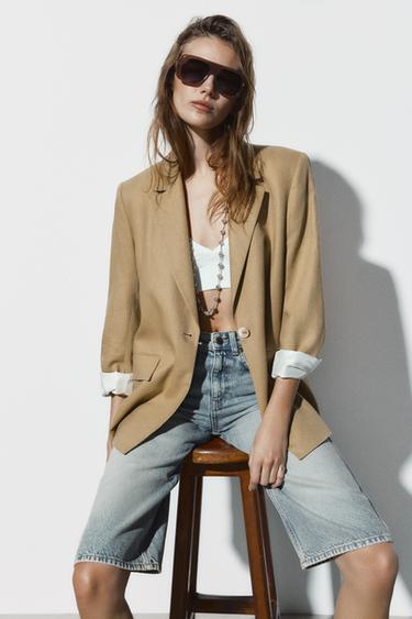 LINEN BLEND BLAZER WITH BUTTON - Oil by Zara