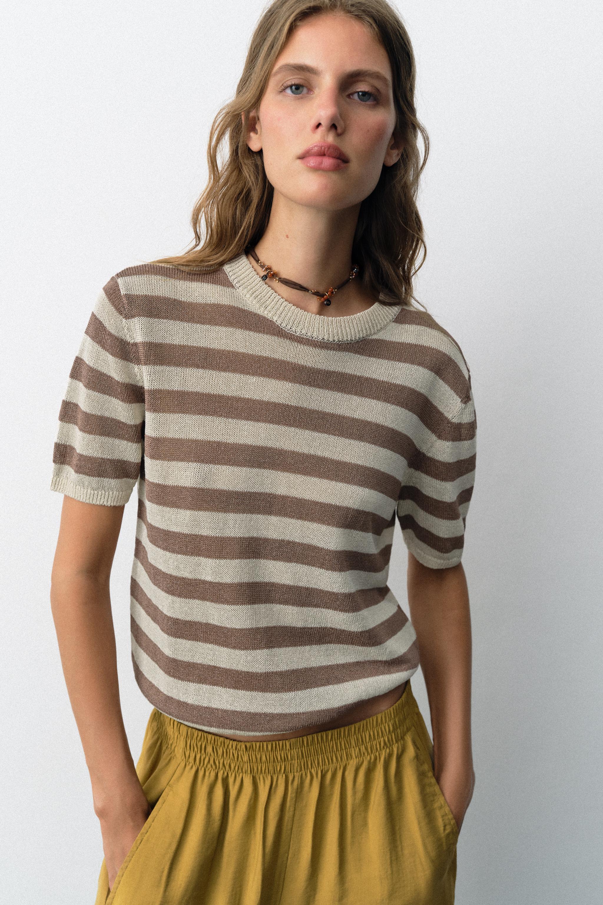 SHORT SLEEVE KNIT TOP — Ecru / Brown