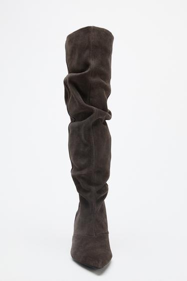 SPLIT SUEDE KITTEN HEEL BOOTS - Brown by Zara - Image 4