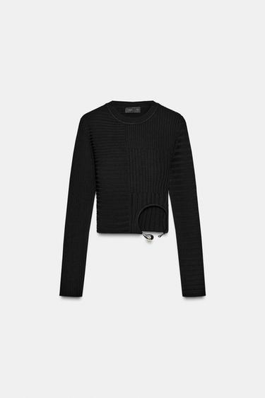 Zara RIBBED KNIT TOP WITH APPLIQUÉ - Black