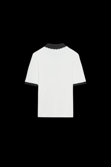 Zara CONTRAST COLLAR BOW T-SHIRT - White