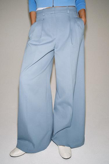 Zara ZW COLLECTION PLEATED WIDE LEG PANTS - Blue / Gray