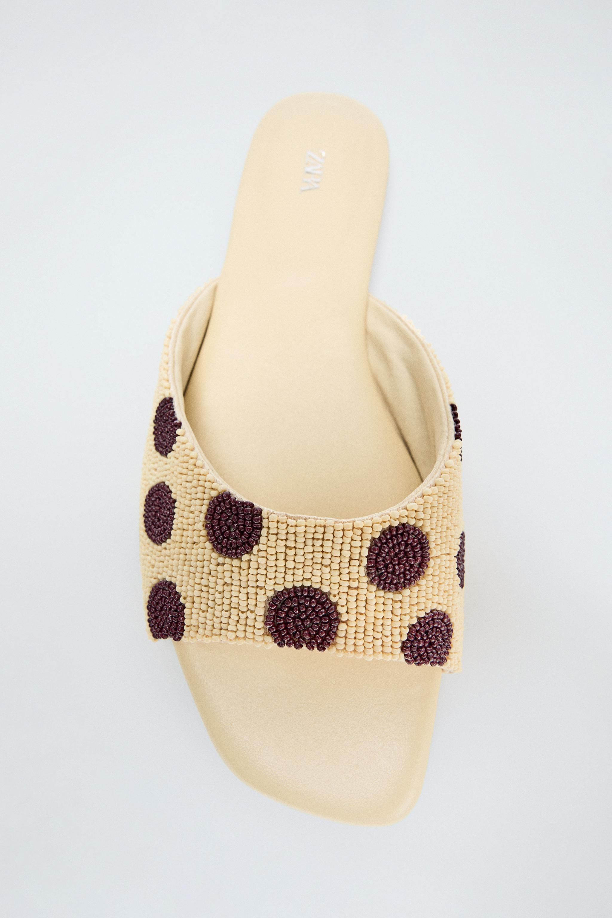 PRINTED BEADED FLAT SANDALS — Multi-color