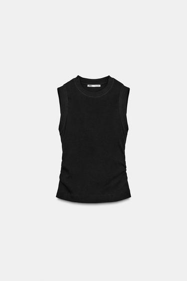 Zara RUCHED SLEEVELESS T-SHIRT - Black