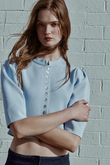 Zara CARDIGAN WITH PUFF SLEEVES - Pastel blue