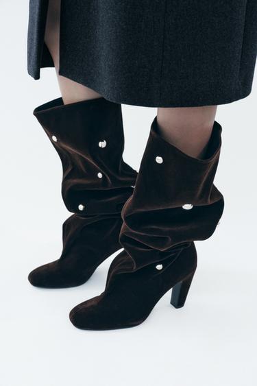 VELVET EFFECT STUDDED BOOTS - Brown by Zara - Image 0