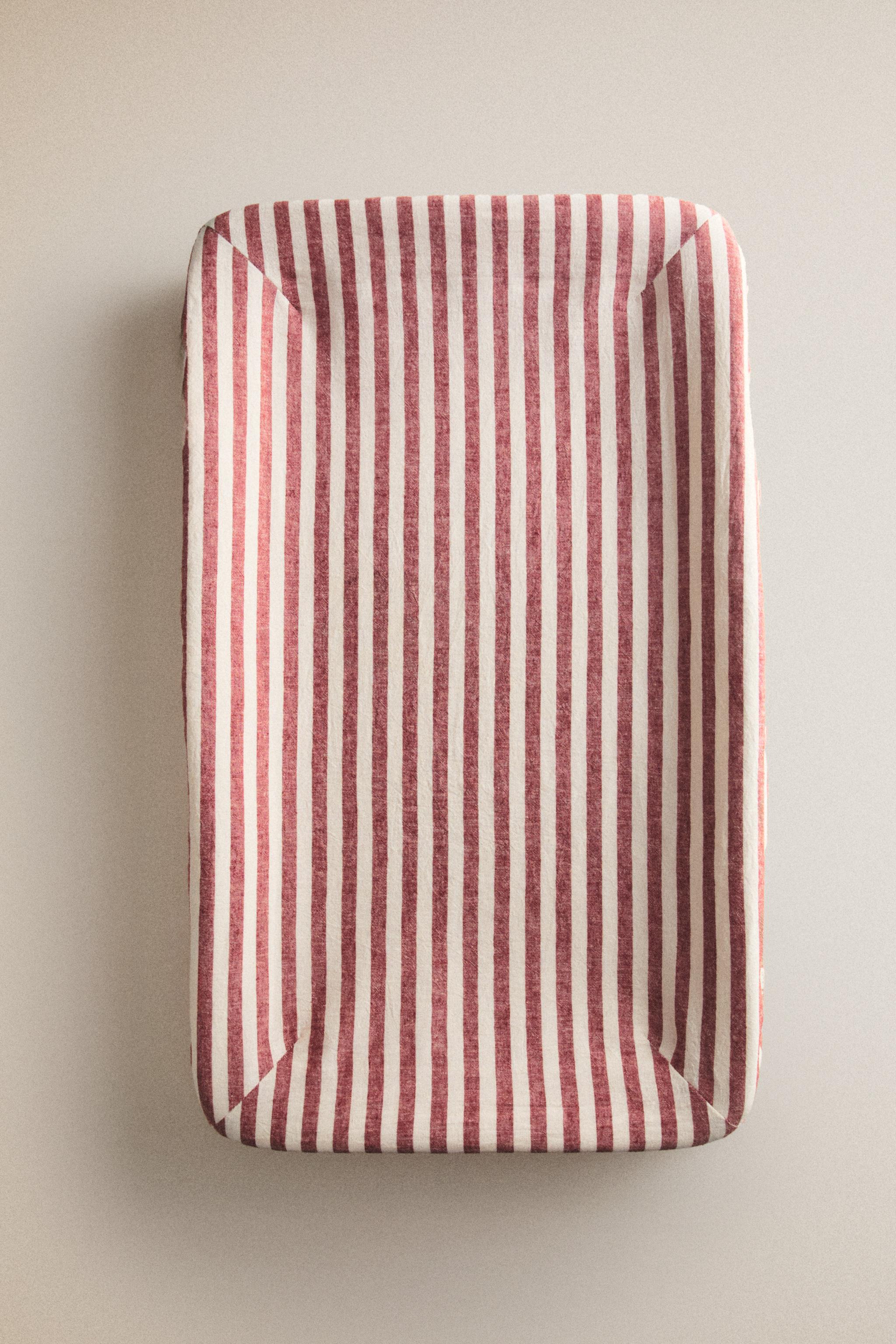 STRIPED LINEN AND COTTON BABY CHANGING MAT COVER — Brick