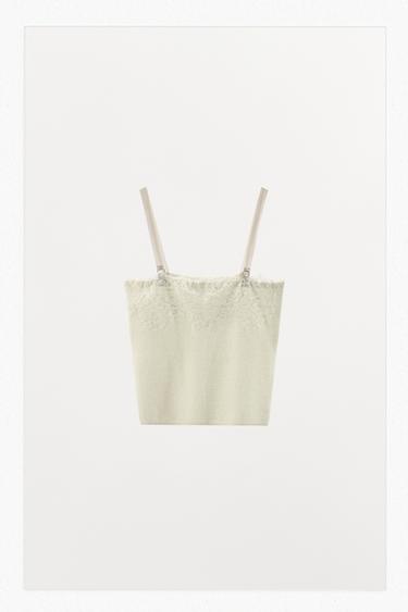 Zara EMBROIDERED LACE KNIT TOP - Ecru