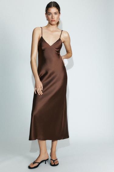 Zara SATIN EFFECT STRAPPY MIDI DRESS - Dark mink