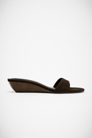 Zara SUEDE WEDGE SANDALS - Brown